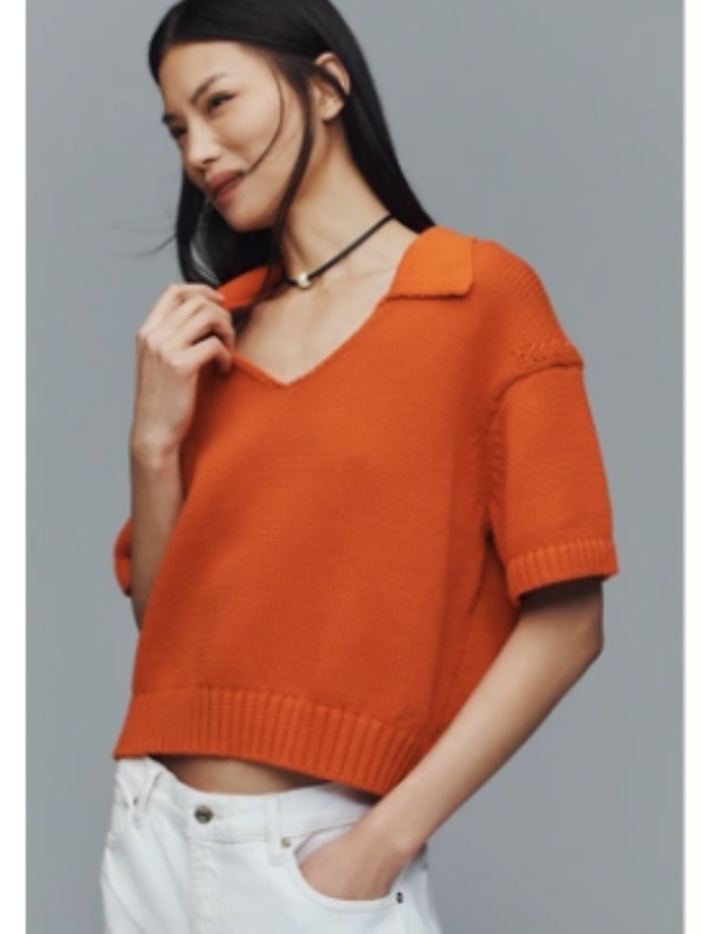 Maeve Collared V-Neck Ribbed Hem Short-Sleeve Sweater
